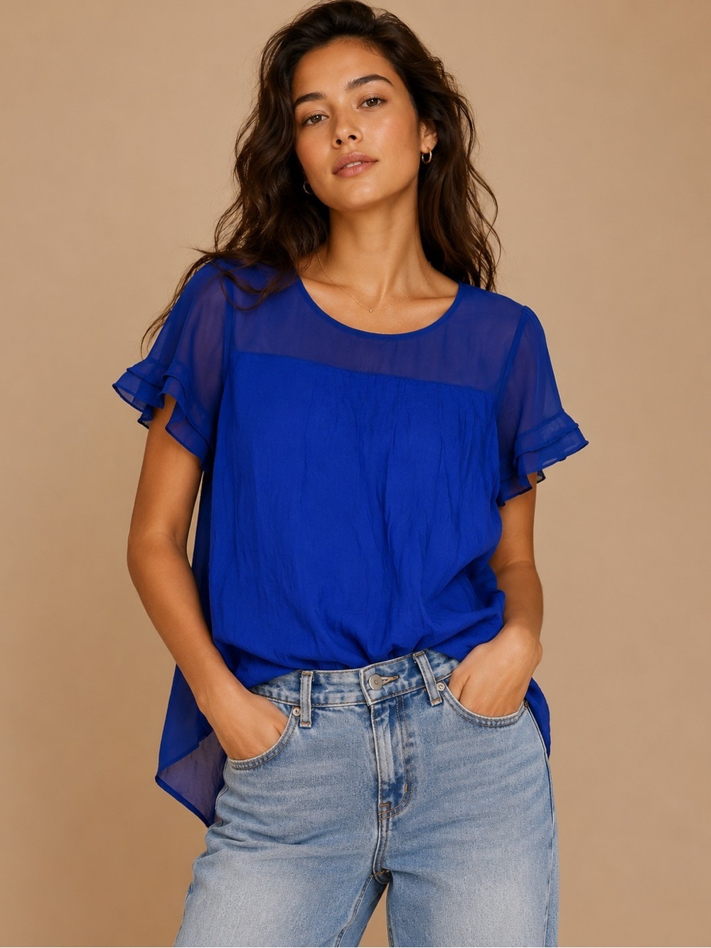 Worthington Royal Blue Sheer Sleeve Blouse XL Career Chic Top